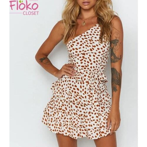 Flokocloset Summer Leopard Print Diagonal Collar Mini Dress Casual One-Shoulder Lace Up Club A-line Ruffles Sundress
