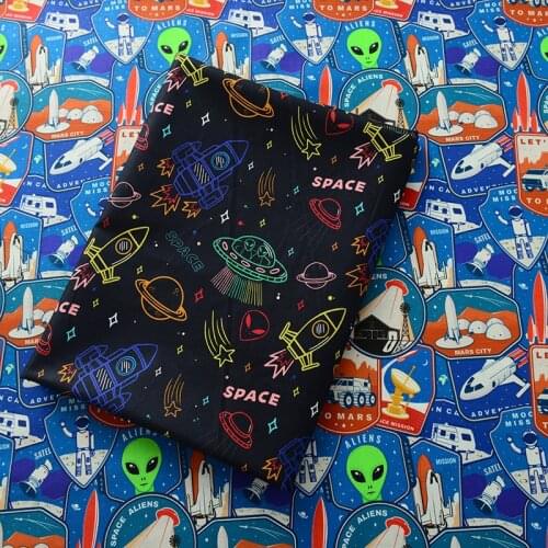 Cartoon UFO Alien Print 100% Cotton Fabric for Boy Clothes Hometextile Cushion Cover Face Mask Scarf Needlework DIY