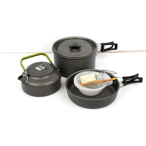 Camping Cookware Mess Kit Hiking Outdoors Bag Cooking Equipment 9 Piece Cookset | Lightweight Folding Spork, Nylon Bag Pan sets