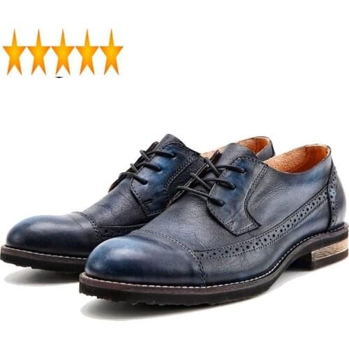 Tip Retro Mens Brogue Wing Vintage Genuine Leather Business Man Casual Shoes Lace Up Breathable Footwear Sapato Masculino