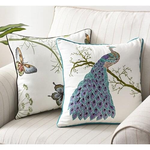 Pastoral Style Embroidery Peacock Butterfly Cushion Cover Country Style Cotton Pillow Cover Home Living Room Sofa Decor