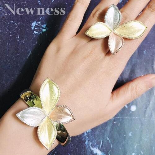 Newness Luxury Leaf Flower AAA Cubic Zirconia Jewelry Sets Women Engagement Party Gift Bracelets Bangle And Ring Set