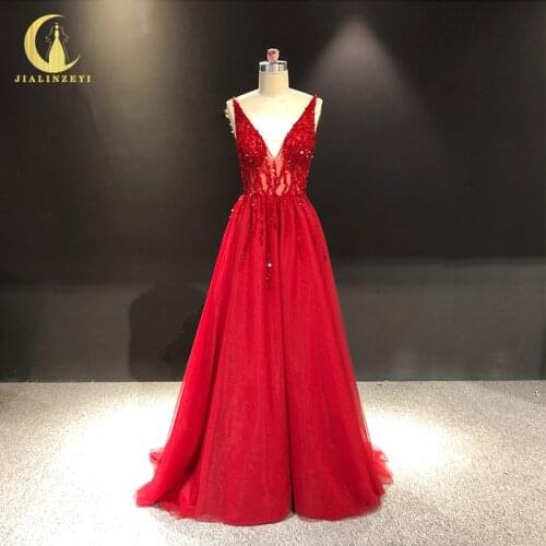 JIALINZEYI Real Sample V Neck Sequins Crystal A-line Fromal dresses Party Dress for Party Evening Dresses