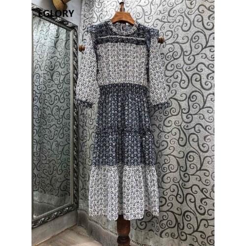 Cotton Dress 2021 Spring Summer Clothing Women O-Neck Elegant Little Floral Print 3/4 Sleeve Mid-Calf Casual Dress Boutique