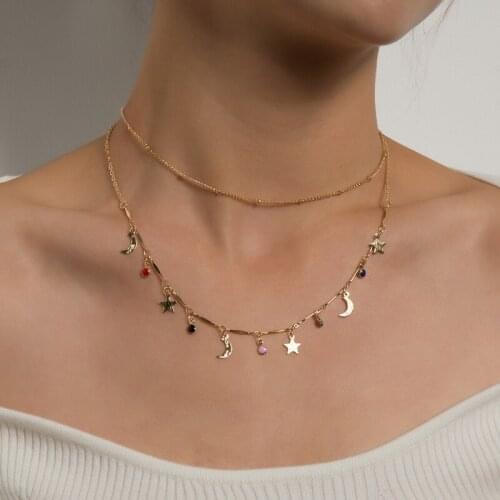 Simple Vintage Star Moon Charms Pendant Necklace Women Double Layers Geometric Chains Clavicle Necklace Choker Collar Jewelry