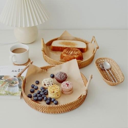 Rattan basket Dessert Bread Plates Photo props Japanese Binaural Bread Snack Tray Bamboo woven round fruit tray wooden plate