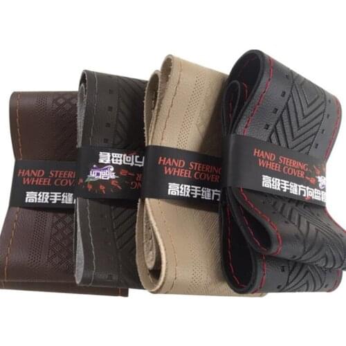 Hand Sewing PU Leather Car Steering Wheel Cover 100% Soft Texture Braided Wheel Cover With Needles and Threads