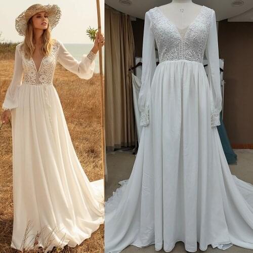 Rustic Beach Boho Elopement Outdoor Wedding Dress V-Neck White Lace Chiffon 2021 Custom Made Long Sleeve Photography Bridal Gown