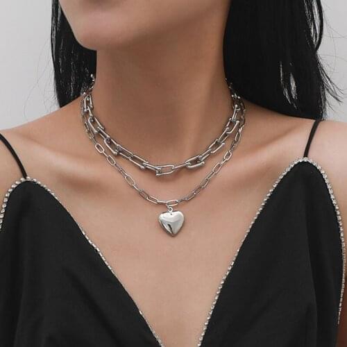 Vintage Punk Thick Chains Love Heart Pendant Necklace for Women Double Layers Alloy Geometric Clavicle Necklaces Jewelry