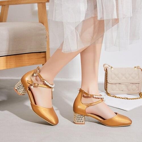YQBTDL New Arrival 2020 Pearl Design Ankle String Bead Bling Block High Heels Mary Jane Party Yellow Shoes Summer Womens Pumps