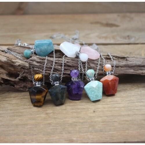 Natural Tiger eye Stone Essential Oil Vial Pendant Necklaces Amazonite Jades Rose Quartzs Amethysts Perfume Bottle Charms QC1060