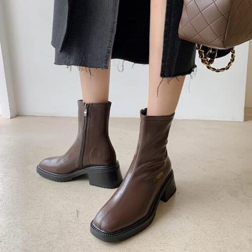 2021 Fashion Women Shoes Square Toe Chunky Boots Split Leather Modern Boots Winter Shoes Women Solid Thick Heel Boots for Women