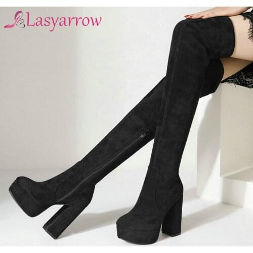 Lasyarrow Ladies Autumn Stretch Over The Knee Boots Fashion Round Toe Platform Boots Winter Super High Heel Big Size Women Shoes