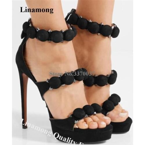 Linamong Brand Fashion Open Toe Round Button Studded Platform Stiletto Heel Sandals Pyramid Rivets Embellished High Heel Sandals