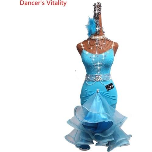 Custom Made Women Latin Dance Competition Performance Sling Ice Blue Flash Diamond Bone Wrap Skirt