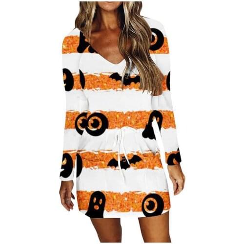Autumn Winter Women Dresses 2021 Fashion Pumpkin Print Loose Halloween Dress Casual Long Sleeve V Neck Drawstring Belt Dress