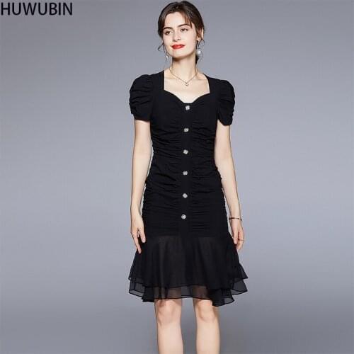 New Street European And American Womens V-Neck Black Temperament Sexy Slim Short Sleeve Slim Medium Length High Waist Dress