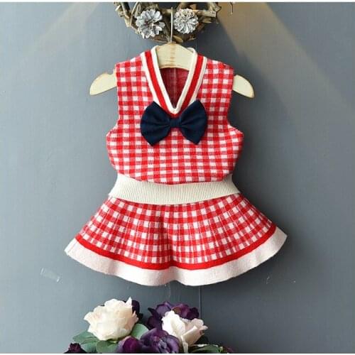 2019 Baby Girl Fashion Classic Plaid Bow Knitted Clothing Set For Spring Autumn Girls Kids Vest+Skirt 2pcs Children Suits