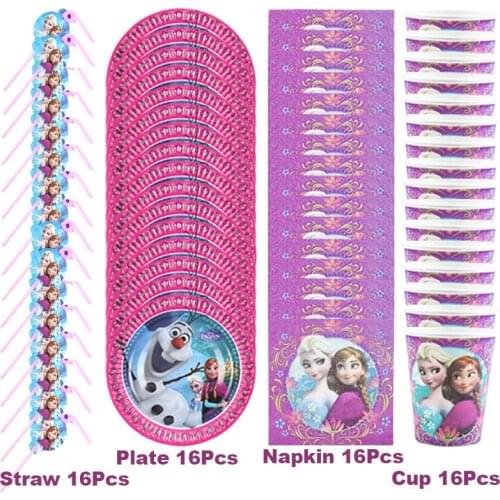 64pcs Frozen Elsa Anna Princess Birthday Party Decorations Baby Shower Disposable Cup Plate Napkin Straw Tableware Dinner Sets