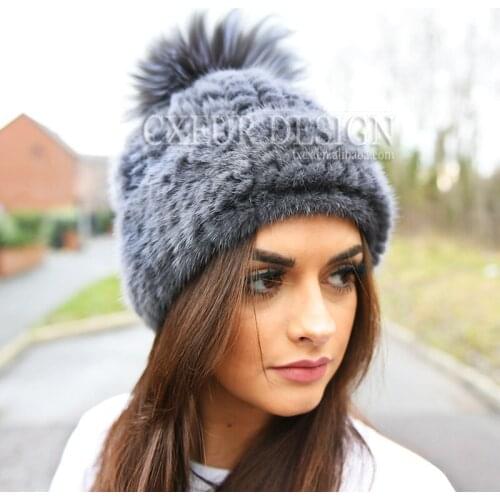FREE SHIPPING CX-C-239G Silver Fox Fur Pom Genuine Mink Fur Beanie Hat for Winter