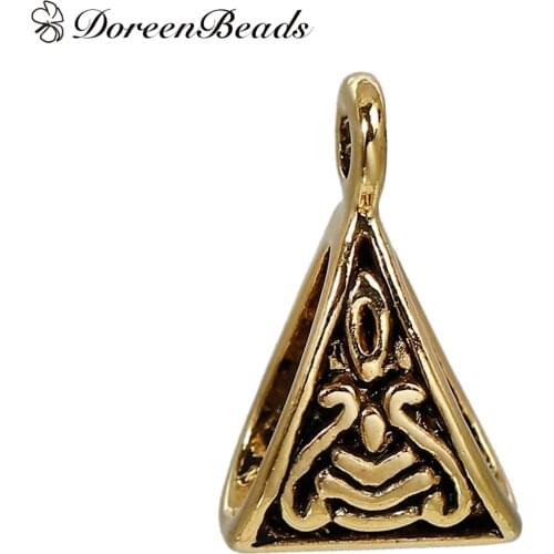 DoreenBeads Zinc Alloy European Style Bails Beads Triangle Antique Gold Color Pattern Carved DIY Jewelry 15mm x 10mm, 50 PCs