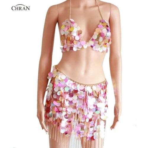 Chran Bling Sequins Tassel Body Chain Bra Harness Lingerie Adjustable Luxurious Hollow Body Jewelry Bodysuit Crotchless Gifts