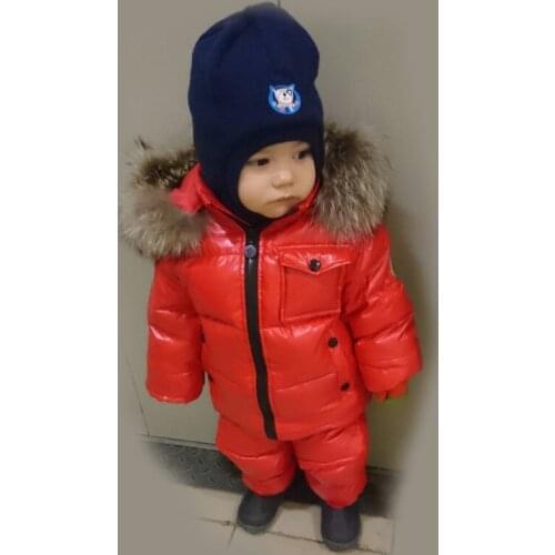 Russian winter snowsuit girls jacket duck feather down clothes kids 2pcs set nature fur collar hooded ski jacket warm boy parkas