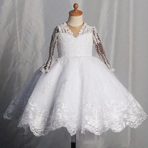 Little Princess Lace Pearls Wedding Flower Girls Dress Ball Gowns V Neck Kid Birthday Party Wears Pageant Gown