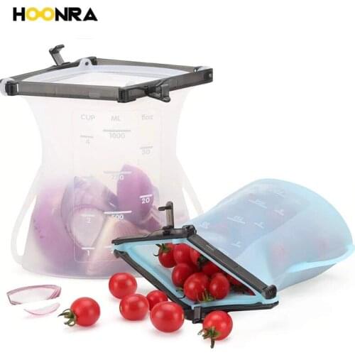 HOONRA 1000ML Reusable Silicone Food Fresh Bag Vacuum Sealer Silicone Freezer Bags Food Container Preservation Bag Kitchen
