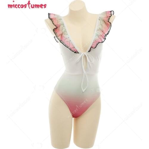 Kochou Shinobu Ruffled One-Piece Zentai Bodysuit Swimming Suit Bathing Suit Beach Swimsuit Outfit Cosplay Costume