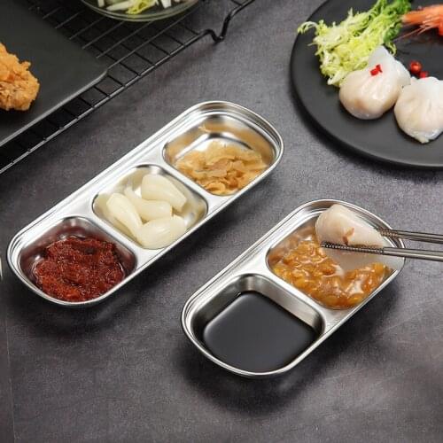 Korean rectangle sauce plate tray metal stainless steel dipping sauce dish soy sauce dish with compartments