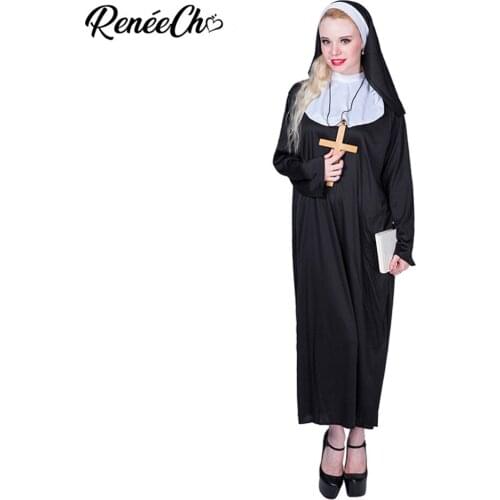 Reneecho Halloween Costumes For Women Black Long Robe And Hat Suit Adult Classic Deluxe Nun Costume fantasia party cosplay