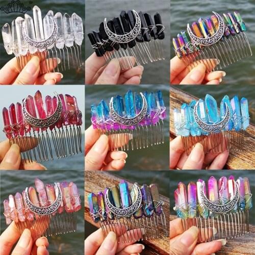 Witchcraft Moon Crystal Hairpin Wicca Rainbow Tiaras Hair Combs For Women Bridesmaid Bridal Wedding Hair Accessories