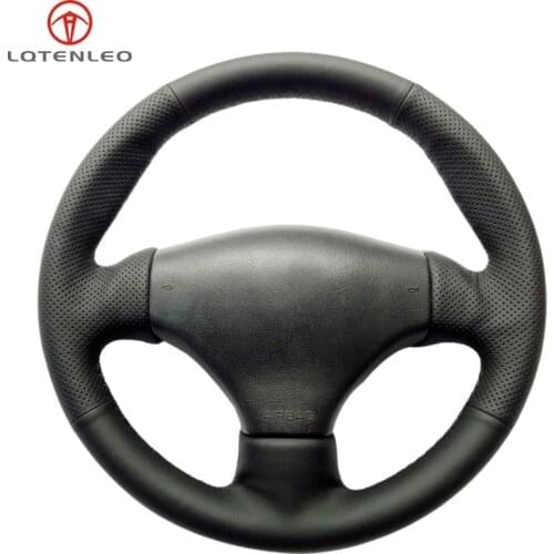 LQTENLEO Black Genuine Leather Car Steering Wheel Cover For Peugeot 206 1998-2005 206 SW 2003 2004 2005 206 CC 2004 2005