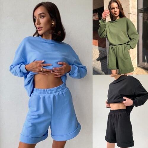 Fashion Suit Tracksuit Outfit Set Women O-neck Long Sleeve Crop Tops Drawstring Shorts Two Piece Suit Casual Solid Color Women