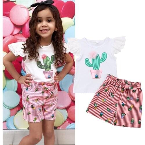 2019 Summer New Toddler Baby Girl Clothes Set Lace Cactus Tops Tee Stripe Bow Short Pants Outfits 2pcs