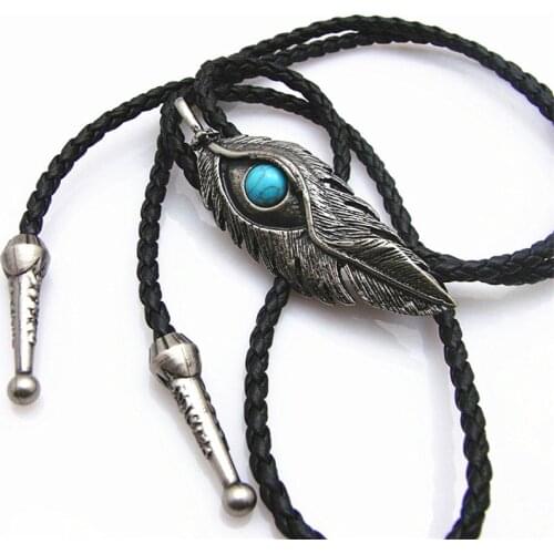 Bolo Tie New Retro Shirt Chain Blue stone Eye Feather Poirot Collar Leather Necklace Long Tie Pendant