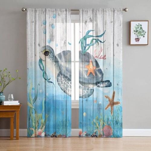 Ocean Sea Turtle Turtle Coral Starfish Wood Texture Voile Tulle Sheer Curtains for Bedroom Living Room Kitchen Decor Curtain