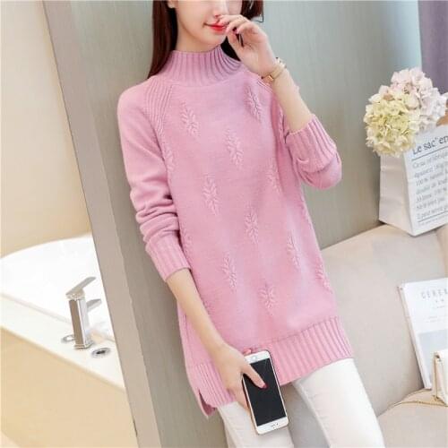 2021 Autumn Winter Mid-length Thicken Half Turtleneck Sweater Women Pullover Knit Tops Loose Pink Plus size Jumper M-3XL Female