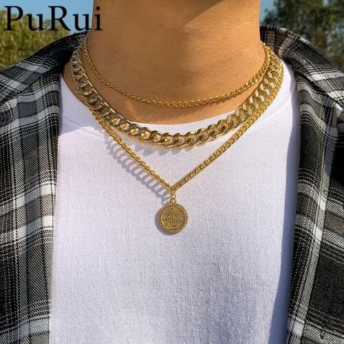 2021 Vintage Multilayer Letter Craved Coins Pendant Necklace for Men Geometric Thick Link Chain Choker Collar Necklace Jewelry