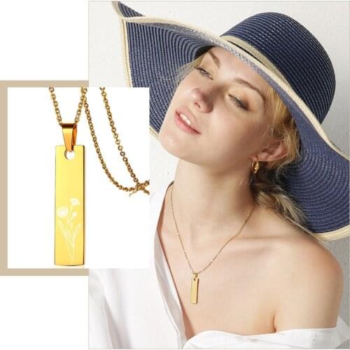 Trendy Personalized 12 Birth Flowers Necklaces for Women Stainless Steel ID Bar Pendant Sisters BFF Custom Xmas Gifts Jewelry