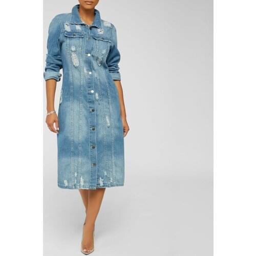 Coats And Jackets Women Clothes 2021 Ripped Long Denim Coat Windbreaker Lady Jean Jacket Autumn Solid Casual Outerwear Chaqueta