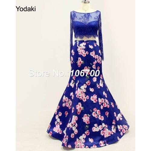 Real Photos Long Sleeves Two Pieces Printed Prom Dresses 2018 Boat Neck Open Back Sheer Illusion Mermaid Party Evening Gowns