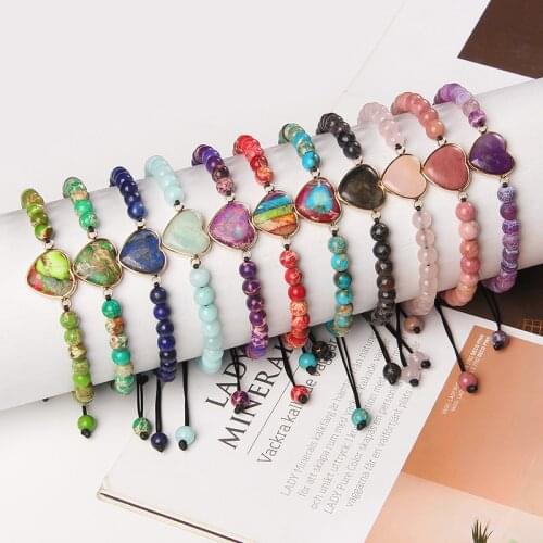 Lovely Natural Stone Heart Charm Braided Bracelet 6mm Round Imperial Jaspers Amethysts Quartz Crystal Beaded Bracelet Women Gift