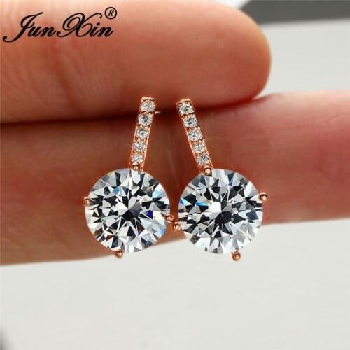 Simple Round Crystal Earrings White Gold Rose Gold Brilliant White Zircon Wedding Stud Earrings For Women Ear Studs Jewelry