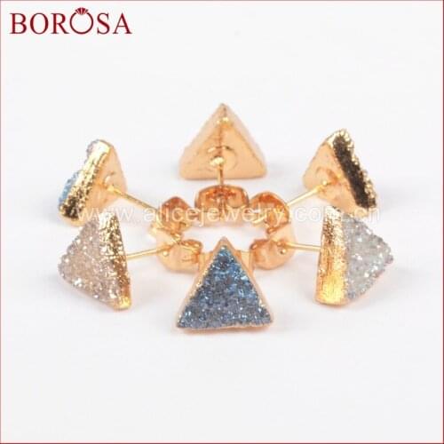 BOROSA 5pcs New Design Gold Color Triangle Natural Crystal Druzy Titanium Transparent mIX Color Druzy Stud Earrings G0915