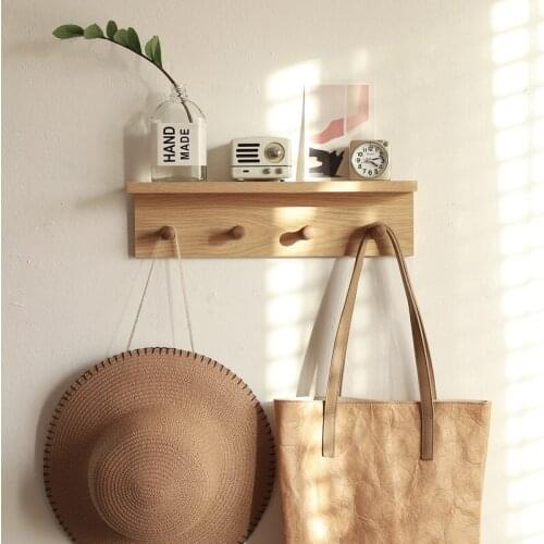 Nordic solid wood kitchen storage rack modern punch-free bathroom wall shelf multi-functional bedroom porch clothes hook