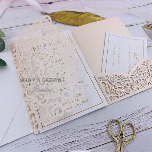 Modern Blush Tri-fold Laser Cut Wedding Invitations With Personalized RSVP card, Free Design