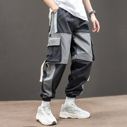 Stylish Men Multi Pockets Straps Patchwork Ankle Tied Long Cargo Pants Trousers