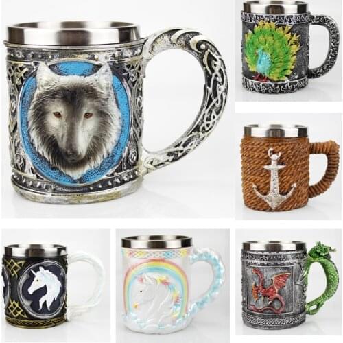 Tankard Mugs Inox Skull Mug Contain Wolf Peacock Dragon Unicorn Anchor 3D Design Coffee Beer Tap Handle